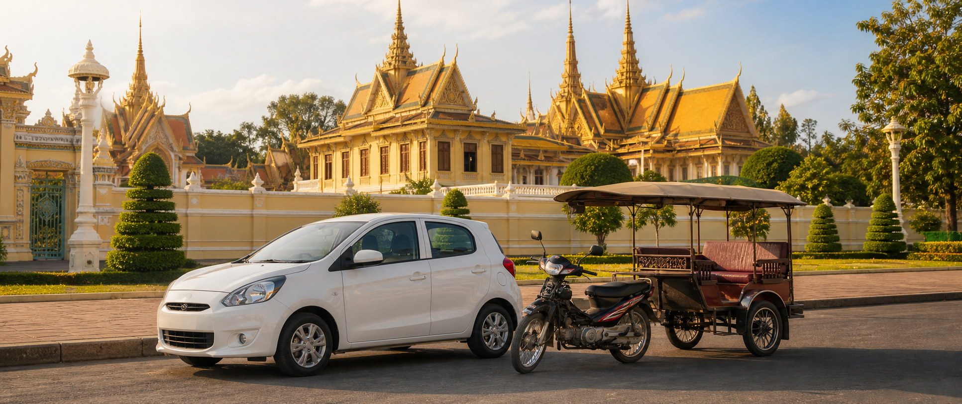 Cambodian car and remorque tuk-tuk at the Royal Palace in Phnom Penh